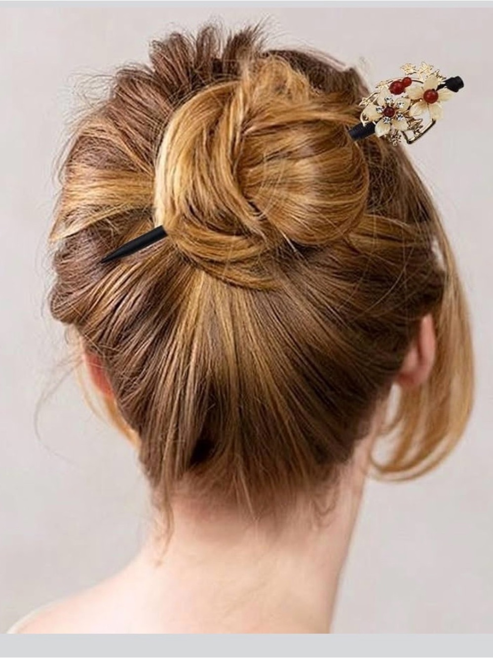 Ornate Floral Hair Stick with Red Accent Beads - Black Stick